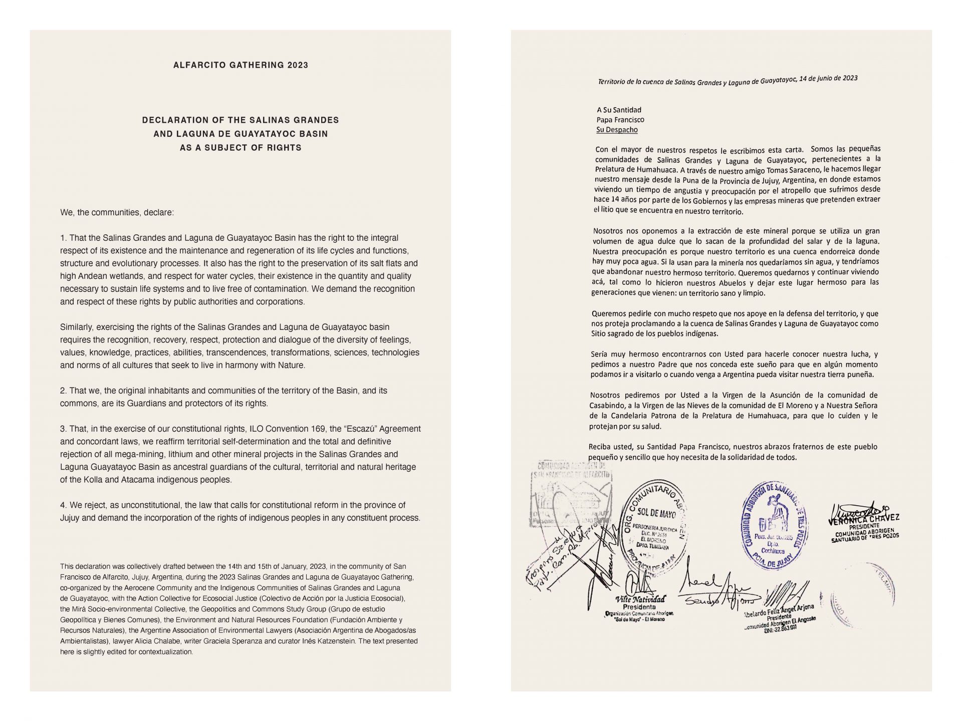 A letter from the communities of Salinas Grandes and Laguna de Guayatayoc to Pope Francis